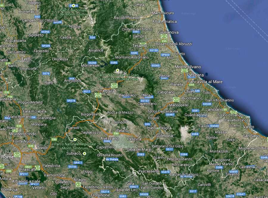 Abruzzo Regione South Italy Map (Kindly in use by Google Maps)