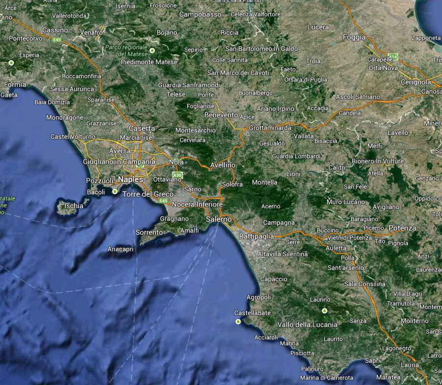 Campania Regione South Italy Map (Kindly in use by Google Maps)