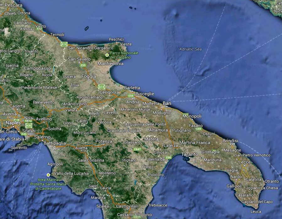 Apulia Regione South Italy Map (Kindly in use by Google Maps)