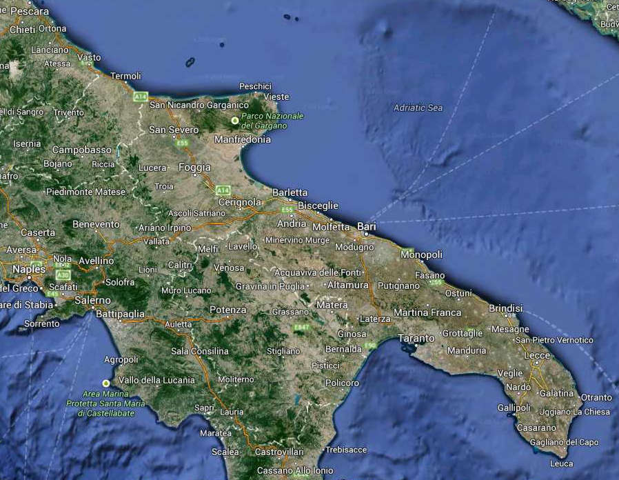 Apulia Regione South Italy Map (Kindly in use by Google Maps)